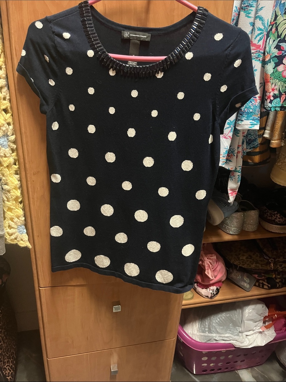INC International Concepts Navy Short Sleeve Polka Dot Top with Beaded Neckline